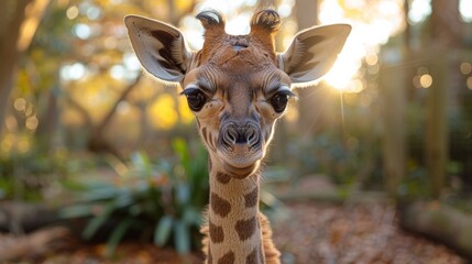 Close-up of a young giraffe with large expressive eyes in a natural setting during golden hour, surrounded by greenery and soft sunlight