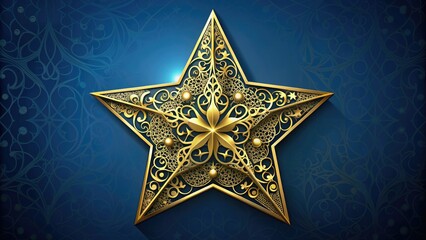 Fototapeta premium Intricately designed ornate star with delicate filigree patterns and shimmering gold accents, set against a dark blue background with subtle gradient and texture.