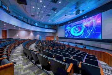 Futuristic University Lecture Hall with Advanced Digital Screen for Educational Presentations