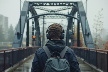 Walking On Bridge. Rear View of Young Caucasian Man Walking with Earphones and Bag