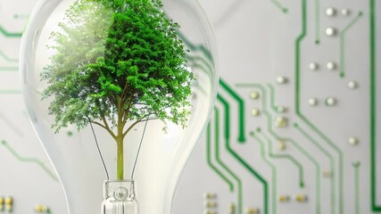 A vibrant tree encapsulated in a lightbulb, symbolizing eco-friendly technology and sustainability in a digital world.