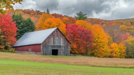 Obraz premium Vermont Barn. Scenic Rural Landscape with Bragg Barn in Waitsfield During Foliage Season