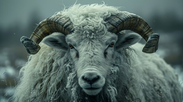 A close-up of a majestic ram in a snowy landscape during winter showcasing its impressive twisted horns and thick wool coat