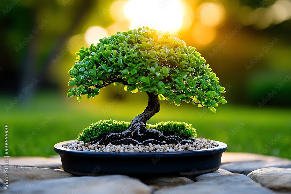 Poster a bonsai tree in a garden at sunset, with warm light casting long shadows and highlighting the tree'