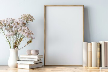 Vertical Frame Mockup: Blank Minimalist White Wooden Frame for Picture on Wall