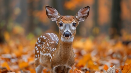A young spotted fawn stands curiously amidst vibrant autumn leaves in a serene forest, showcasing the beauty of nature during the fall season