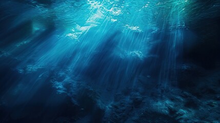 Underwater Light. Blue Ocean Abstract Background with Deep Sea Under Sunlight