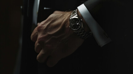 A man in formal attire adjusts his clothing, revealing a luxurious timepiece on his wrist. The setting is dimly lit, highlighting the watch's intricate details