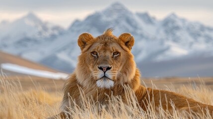 Fototapeta premium Majestic lion resting in the golden grasslands with snow-capped mountains in the background during a serene late afternoon
