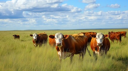 Naklejka premium Cows grazing in a wide grassy field under a clear blue sky in the countryside