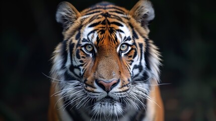 Obraz premium Close-up of a majestic tiger displaying its striking features and intense gaze in a natural habitat during the early morning light showcasing its beauty and power