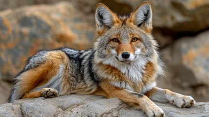 Fototapeta premium A majestic coyote resting on a rocky surface in its natural habitat, showcasing distinct fur patterns and keen expression during the golden hour