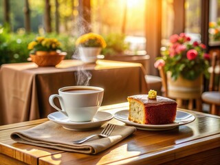 Inviting table setting at a cozy cafe features a decadent sweet cake, steaming cup of coffee, and crisp linen tablecloth in a warm atmosphere.