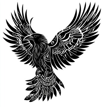 Tribal Raven. Ethnic Decorative Style Drawing of a Crow with Intricate Tattoos