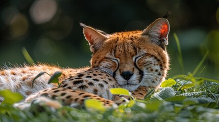 Obraz premium A serene serval relaxes in the grass under dappled sunlight, enjoying a tranquil afternoon in its natural habitat in a lush green environment