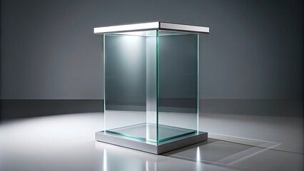 Isolated pedestal with transparent glass or acrylic top and reflective surface, providing a sleek and modern display platform for showcasing products or art pieces.