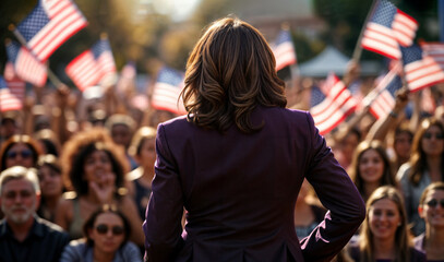 Female presidential candidate delivering a speech at a rally. Democrat female politician stands tall in front of a sea of supporters with american flags at rally.  - Powered by Adobe