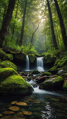 Obraz premium Beautiful summer landscape with lake and trees at sunset. Panorama