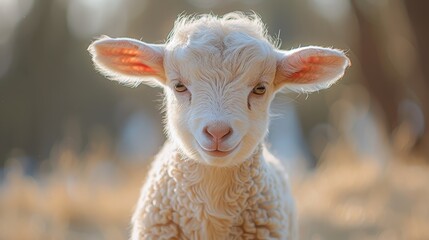 Obraz premium A curious lamb stands in a sunlit field during spring, showcasing its fluffy coat and playful expression amidst nature