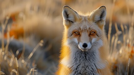 Fototapeta premium A red fox in a golden meadow during the early morning light captures the serene beauty of wildlife in its natural habitat