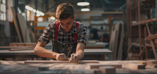 A dedicated young artisan focuses intently on shaping wood with skilled hands, surrounded by a lively workshop filled with various tools and equipment, capturing the essence of craftsmanship