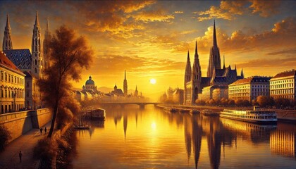 Obraz premium A sunset over Danube River in Vienna, water reflecting Stephenson spire and skyline.jpeg