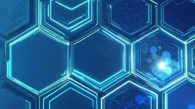 Abstract blue geometric pattern with glowing hexagons, ideal for technology and science themes.