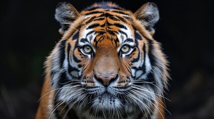 Naklejka premium A close-up view of a tiger displaying its striking orange and black stripes while showing intense focus, captured in a natural habitat during the early hours of the morning