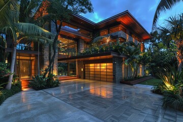 Fototapeta premium Tropical Home Design: Contemporary Architecture with Beautiful Dusk Evening