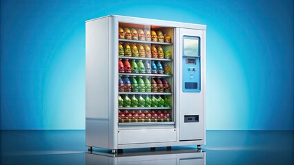 Isolated white vending machine mockup with glass front and colorful snacks, drinks, and buttons, standing on a bright blue background with Reflections.