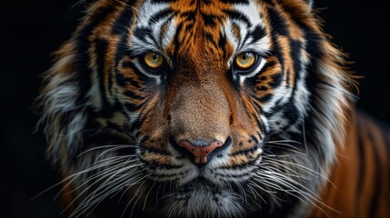 Obraz premium A close-up of a Bengal tiger showcasing its striking orange and black stripes in a natural habitat, capturing the powerful gaze and intricate details of its face during daylight