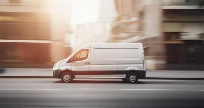 white delivery van, minivan truck courier automobile driving moving in fast motion on urban city street road, side view center of background, seamless loop looping - Powered by Adobe