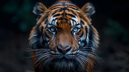 Fototapeta premium A majestic tiger stares directly at the camera in a dense forest, showcasing its striking orange fur and captivating blue eyes during dusk
