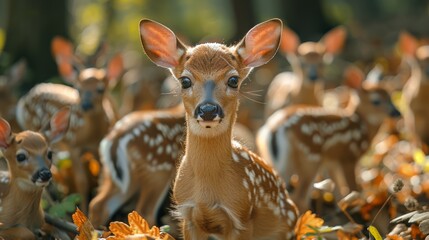 A group of fawns explores a forest floor covered in colorful leaves during a sunny afternoon, showcasing their playful nature and unique patterns