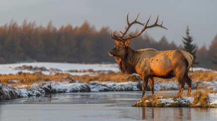 Fototapeta premium A majestic elk stands on a small island in a tranquil river during the golden hour, surrounded by a snowy landscape and autumn foliage