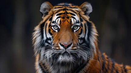 Obraz premium Majestic tiger with striking fur and piercing eyes roaming in a lush habitat during dawn, showcasing its natural beauty and strength amidst the wilderness