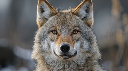 Naklejka premium A close-up of a coyote looking directly at the camera in its natural habitat during early morning light, capturing its keen expression and beautiful fur details