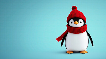 Obraz premium Cute cartoon penguin wearing a red hat and scarf on a blue background
