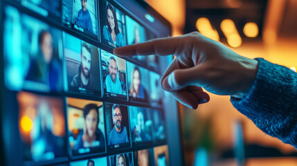Close-up of a hand pointing at a computer screen displaying multiple people during a virtual video conference. Remote work and online communication concept. Design for digital meetings