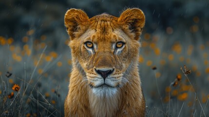 A lioness gazes intently at the camera in a tranquil savanna filled with wildflowers during golden...