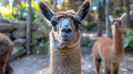Obraz premium Close-up of a curious llama in a lush zoo environment with a second llama in the background enjoying the serene atmosphere during a sunny day