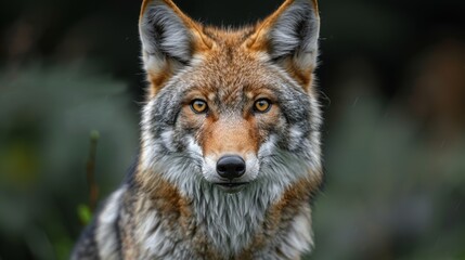 Fototapeta premium A close-up view of a coyote in a natural setting, showcasing its striking features and alert expression during a cloudy afternoon