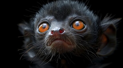 Close-up of an intriguing black animal with striking orange eyes, showcasing its unique facial features against a dark background