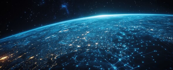 Obraz premium World's communication platform portrayal with planetary networks and data currents in a web banner