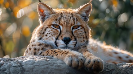 A lynx relaxes on a sunlit rock in a lush forest during the afternoon, showcasing its distinctive spotted fur and impressive posture