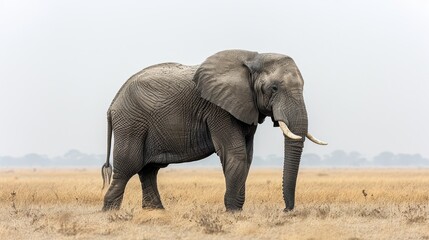 Obraz premium A solitary elephant roams across the golden savannah grasslands during the early morning mist in a tranquil wildlife habitat