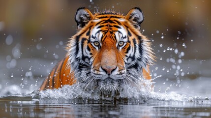 Naklejka premium A majestic tiger swims through a river, creating splashes in the water as it approaches the viewer in a lush, natural environment during daytime