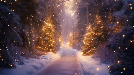 Naklejka premium Magical Christmas Evening with Snowy Path, Twinkling Lights, and Cozy Winter Forest for Seasonal Decorations