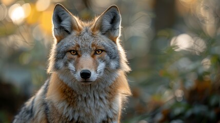 Fototapeta premium A close-up view of a coyote standing in a forest during golden hour, showcasing its striking features and keen gaze amidst the blurred green foliage