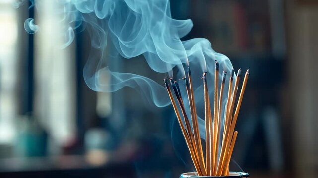 Burning incense sticks on the table in modern interior. Relaxation and meditation concept. Cozy home decor and aromatherapy concept. Aroma sticks